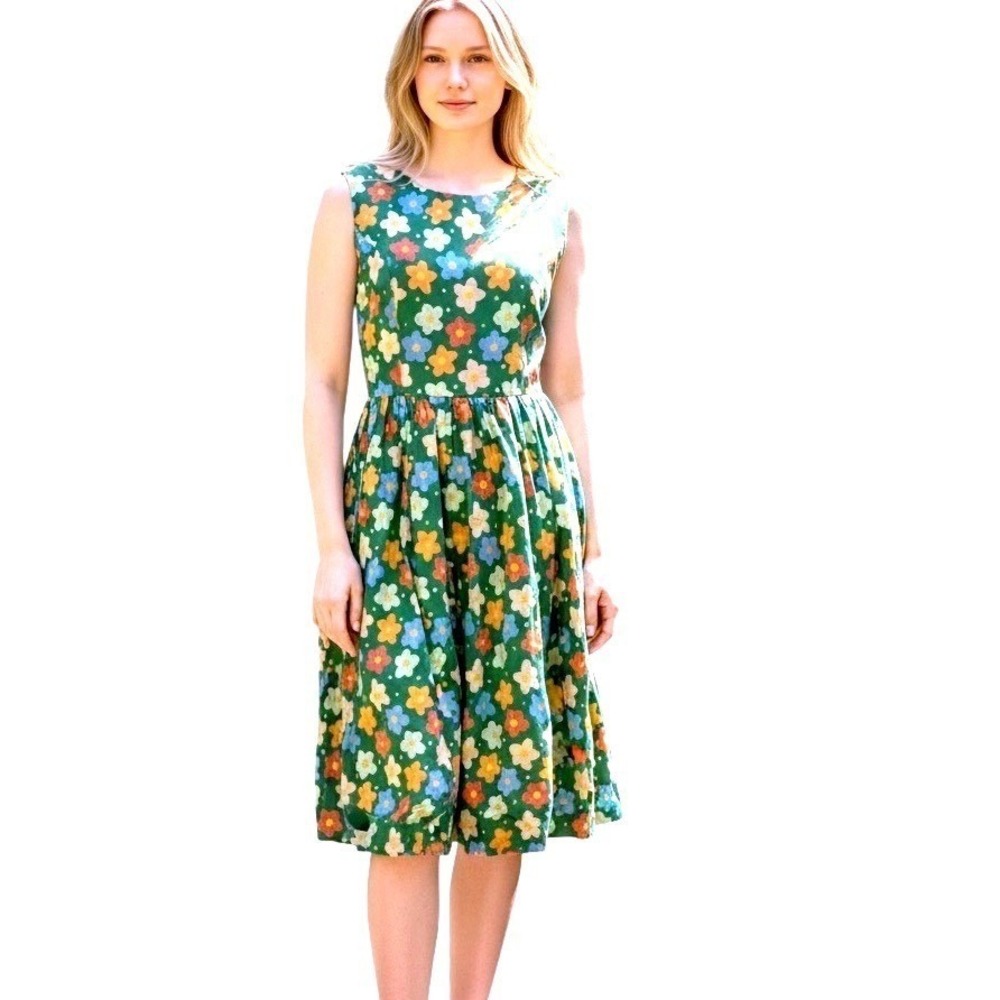 Tulip B Womens Green Floral Cotton Fit & Flare Style Dress M